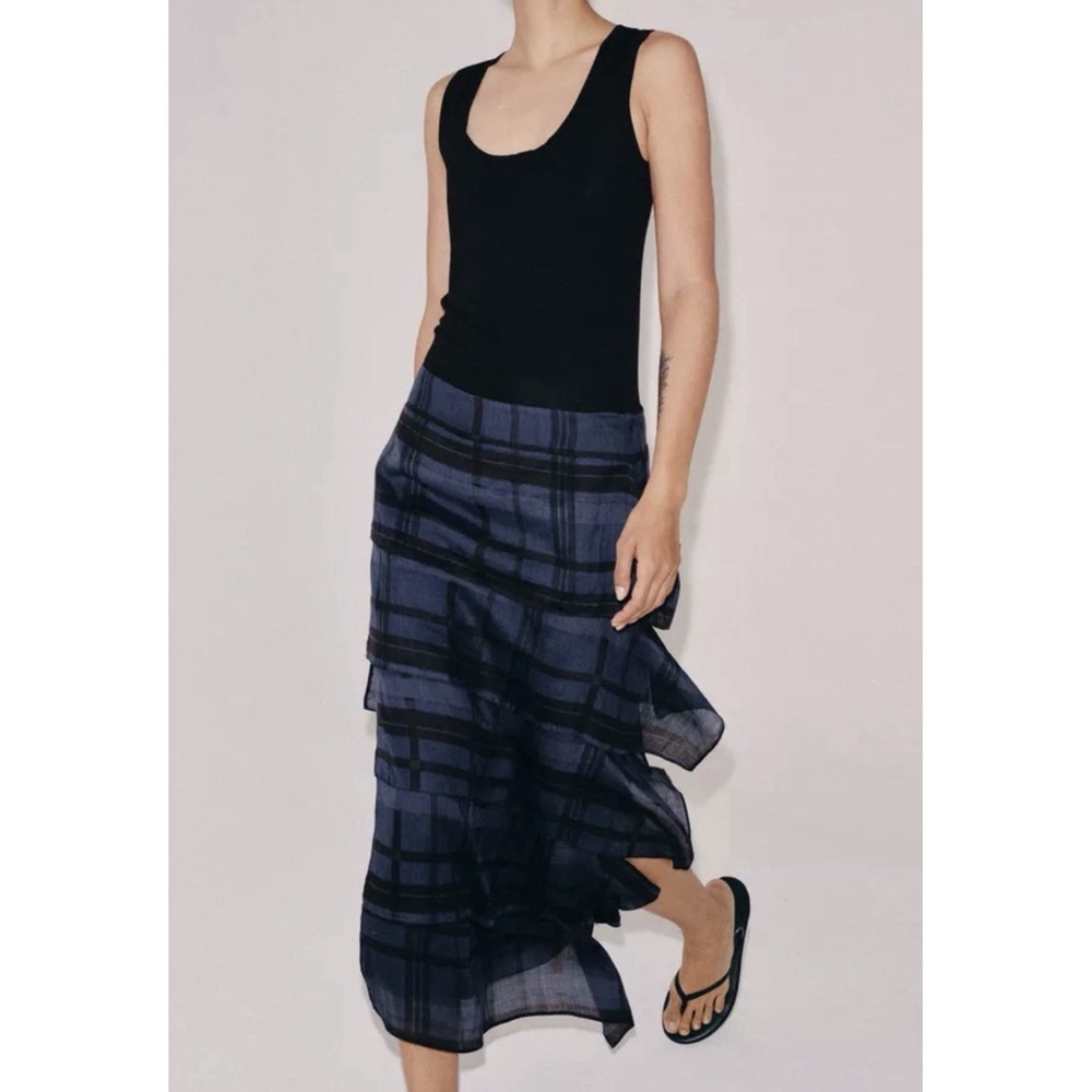 Zara ZW Collection Ramie Plaid Blue Black Runway Skirt Quiet Luxury Scandi Girl
